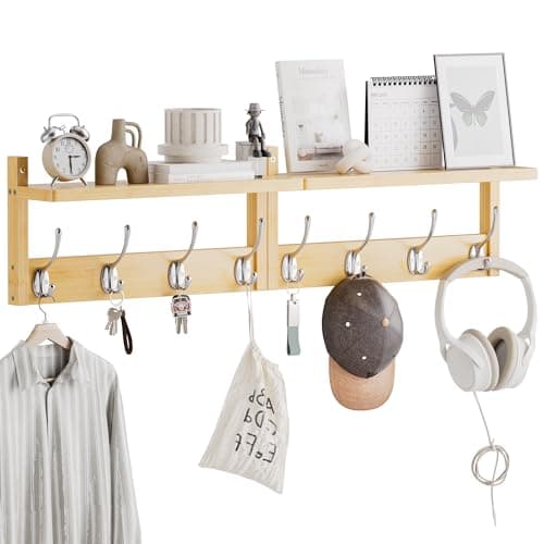 Image of STELLSTAR Coat Rack with Shelf, 2 Pack Bamboo Wall-Mounted Coat Hanger with 8 Hooks for Entryway, Hallway, Kitchen, Bathroom, Living Room, Utility Room (Natural)