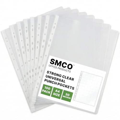 Image of SMCO 100 x A4 Plastic Punched Poly Pockets Sleeves Clear Low Glare – Heavy Duty Polly Top-Loading Document Wallets for Ring Binders, Lever Arch Files, Office, School & Home Filing