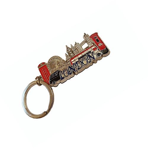 Image of London Silver Coloured Metal Key Chain/Ring/Word in Blue/Icons/Red Phone Box/Double Decker Bus/Post/Black Taxi/Tower Bridge/St. Paul's/Eye/UK Keychain Souvenir/British Keyring