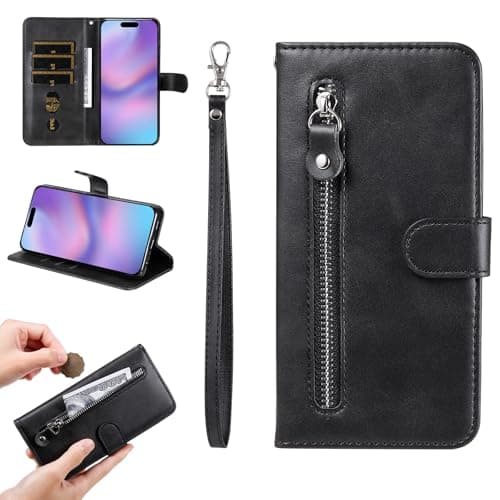 Image of YANJIEER Wallet Phone Case for Motorola Moto G04/Moto G24/Moto G04s/Moto E14 Leather Zipper Flip Cover with Card Holder Cash Pocket Wrist Strap,Magnetic Closure,Kickstand,Shockproof Protective Black