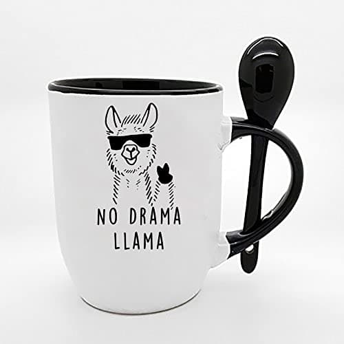 Image of Giftme No Drama Llama No Prob Llama Coffee Tea Mug Unique Spoon Ceramic Mug. (Black Spoon)