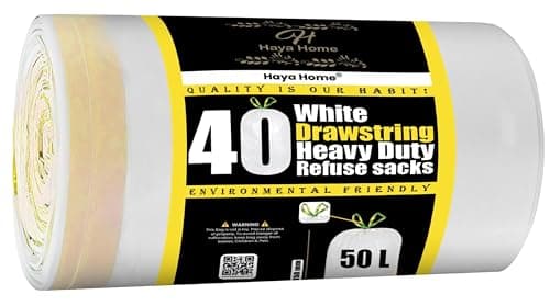 Image of H Haya Home 50L Litre 40 Drawstring Bin Bags Heavy Duty Swing Bin Liners, White Plastic Refuse Sacks Tie Top handle Large WasteTrash Dustbin Bags For Kitchen Home Office Garden From Recycled Material