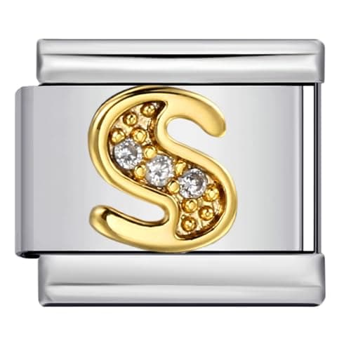 Image of A–Z Letter Italian Charm,9mm Golden Steel Bracelet Link with Cubic Zirconia Initial, Fits Modular Stretch Bracelets, Alphabet Jewellery Gift,Personality Charms Bracelets Accessories Girl Gift (S)
