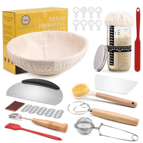 Image of Clheatky Sourdough Starter Set, Complete Sour Dough Starter Kit With Jar, 23cm Round Banneton Proofing Baskets, 11 PCS Bread Making Accessories, Bread Fermentation Basket Gift Set for Baking Lover