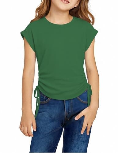 Image of Arshiner Girls T-Shirts Extended Shoulder Kids Summer Short Sleeved Tops Cotton Shirt Round Neck with Drawstring Tshirts for Girls 10-11 Years Dark Green