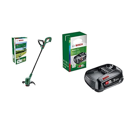 Image of Bosch Cordless Grass Trimmer EasyGrassCut 18V-26 (Without Battery, 18 Volt System, Cutting Diameter: 26 cm, in Carton Packaging) & Home and Garden Battery Pack PBA 18V Black