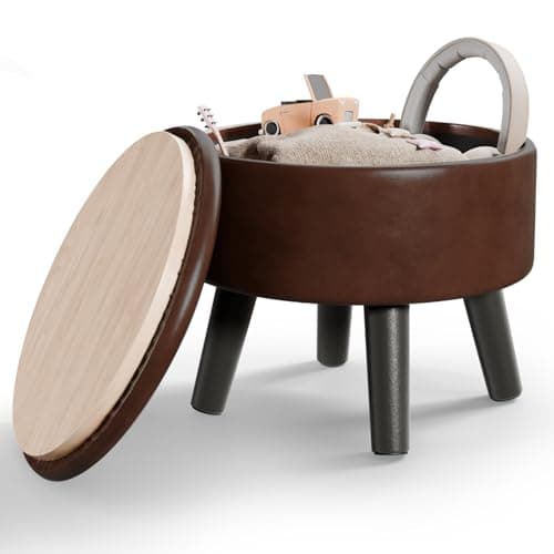 Image of BRIAN & DANY Footstool with Storage, Small Storage Ottoman, Faux Leather Round Stool with Lid, Foot Stool with Legs for Living Room Entryway, Brown