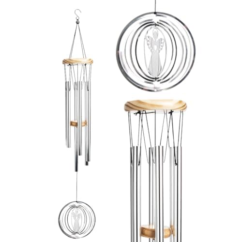 Image of Wind Chime with Wind Spinner, Creative Wind Chimes with 6 Hollow Aluminium Tubes, Wooden Wind Chimes for Garden Decoration, Christmas Birthday Gifts (Silver Angel)