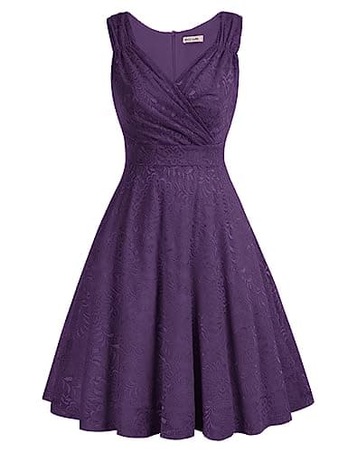 Image of Ball Prom Wedding Guest Dress Women Summer 50s Vintage Lace A-line Dress XL Lace Purple