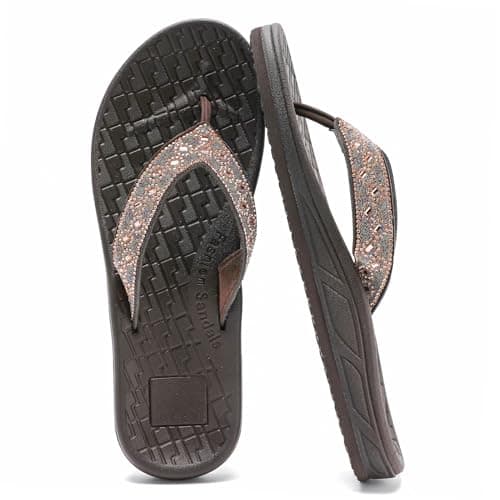 Image of Guyarns Flip Flops Women with Arch Support,Womens Flip Flops with Rhinestone Summer Beach Soft Thick Slides Sandals(Brown,4)