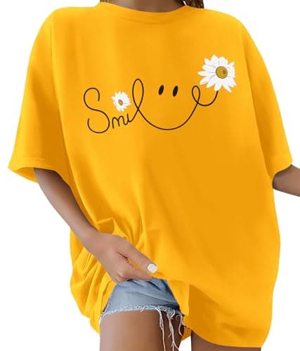 Image of Lonya Women's T-Shirts Round Neck Y2k 90s Oversized T Shirts for Women Ladies Short Sleeve Graphic Print Summer Baggy Plus Size Casual Cotton Tee Tops,Yellow,XXL