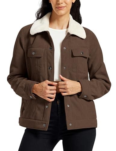Image of MoFiz Women's Fleece Jacket Warm Sherpa Lined Winter Coat Fashion Button Down Casual Corduroy Jacket with Multi-Pockets Brown Size US L