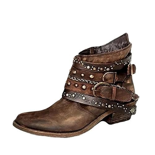 Image of UnoSheng With Heel Girls 36 Women's Boots Girls Short Bootie Cowboy Motorcycle Leather Shoes Ankle Boots Blue Women's Shoes, brown, 7 UK