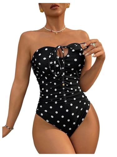 Image of GORGLITTER Swimming Costume Women Polka Dots Bandeau One Piece Swimsuit Cutout Tummy Control Beach Holiday Sexy Swimwear Black Polka Dots L