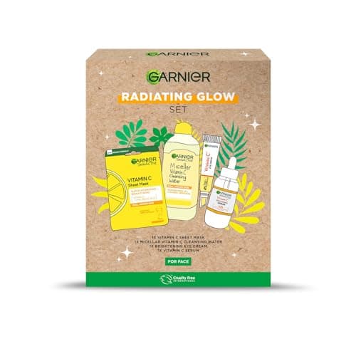 Image of Garnier's Radiating Glow Gift Set for Face, with Vitamin C Serum, Face Mask, Micellar Cleansing Water & Eye Cream, Approved by Cruelty Free International