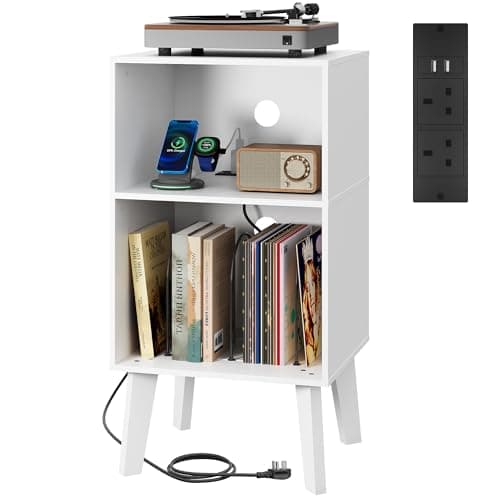 Image of WLIVE Side Table with Charging Station, 3-Tier Record Player Stand, Wooden Turntable Stand Cabinet for Music Room, Bedside Table for Living Room, Bedroom, White