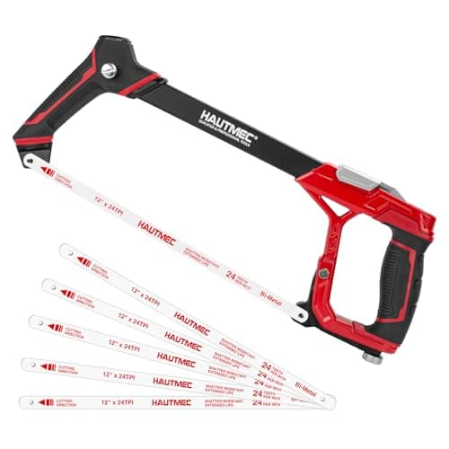Image of HAUTMEC 300mm Fast Tension Hacksaw with Extra 5 HSS Blades, Heavy-Duty Aluminum Frame, Quick-Change Tension, Blade Storage, Expert Hack Saw with Dual Cutting Angles for Metal, PVC, Wood - HTHSH25034