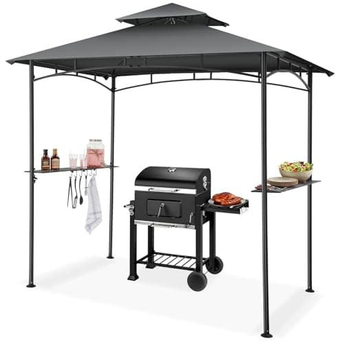 Image of tectake® BBQ Shelter, 2.4x1.5m, Weather-Resistant Steel Frame & UV-Protected Canopy, Double-Tier Garden Gazebo with Side Shelves & Hooks, Quick Setup, Outdoor BBQ Gazebo for Garden, Patio - Anthracite