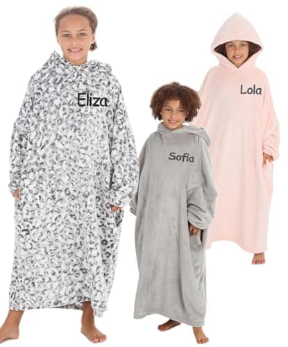 Image of Personalised Kids Hoodie Blanket Soft Warm Oversized Wearable Childrens Cosy Hooded Poncho Sweatshirt Throw for Girls Boys One Size (Snow Leopard Kids L)