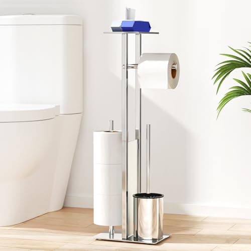 Image of Toilet Roll Holder with Toilet Brush - Toilet Roll Holder Free Standing with Shelf for Wet Wipes, Toilet Roll and Brush Holder Free Standing, Silver Toilet Brush with Holder