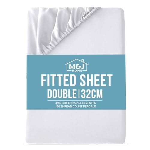 Image of M&J Home Double Bed Deep Fitted Sheet White - Extra Deep Pocket 32cm (12.5 inch) - 180 Thread Count Percale - 48% Cotton 52% Polyester - Crisp Breathable Comfort - OEKO-TEX Certified