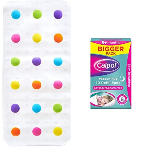 Image of Munchkin Dandy Dots Non Slip Baby Bath Mat, Colourful Bubble Bath Mat & Shower Mat, Safety Kids Bath Mat & Calpol Vapour Plug XL Refill Pads, 10 Count (Pack of 1)