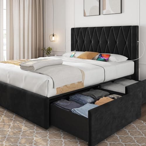 Image of Yaheetech Double Bed Frame Upholstered Bed Frame with 4 Storage Drawers/Diamond Tufted Headboard, Built-In USB Ports/Upholstered Platform Bed with Sturdy Wood Slat, Black Double Bed