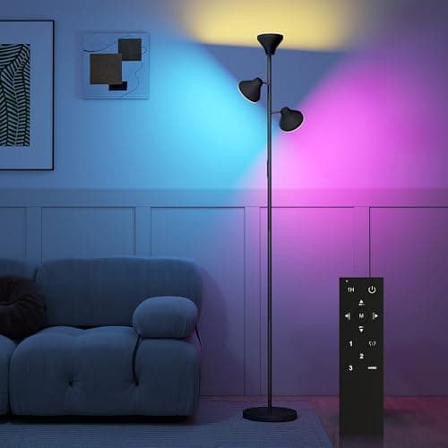 Image of HOMCOM RGB Tree Floor Lamp, Tall Dimmable Standing Lamp with Remote & Touch Control, 3 Rotatable Head, 4150 lm for Living Room Bedroom Gaming, 2700K-6000K Colour Temperatures, Black
