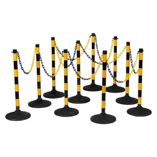 Image of Post and Chain Barrier Kits, Free Standing Plastic Yellow & Black Link Bollards