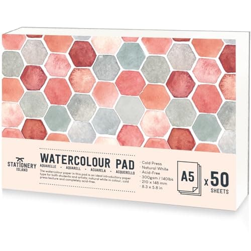 Image of STATIONERY ISLAND Watercolour Paper A5 Pad, 50 Sheets - Natural White 300gsm Glue Bound, Cold-Pressed Texture, Watercolour Sketchbook for Painting, Drawing and Mixed Media