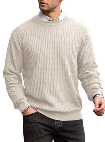 Image of Zaitun Men's Crew Neck Jumper Waffle Knitted Sweater Warm Long Sleeve Pullover Casual Business Jumpers Winter Khaki