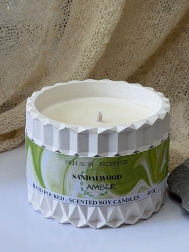 Image of Deluxury Scents Sandalwood Amber Scented Soy Wax Candle, Hand Poured, Stone Cast Powder Vessel, 200g