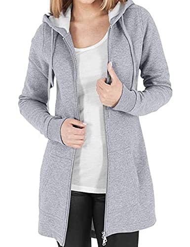 Image of CMTOP Women's Hoodies Full-Zip Up Sweatshirts Jumpers for Women Fleece Hooded Hoody With Drawstring with Long Sleeve Color Block Sweater Cotton Light Grey
