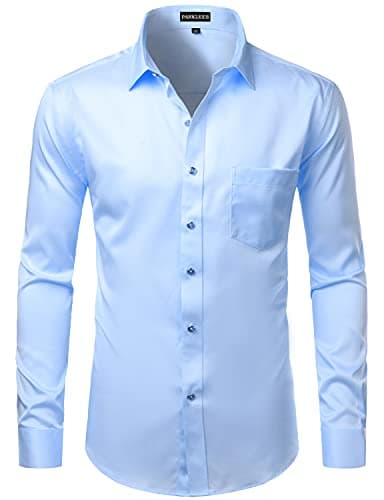 Image of PARKLEES Men's Slim Fit Formal Long Sleeve Casual Business Party Dress Shirts with Chest Pocket Blue S