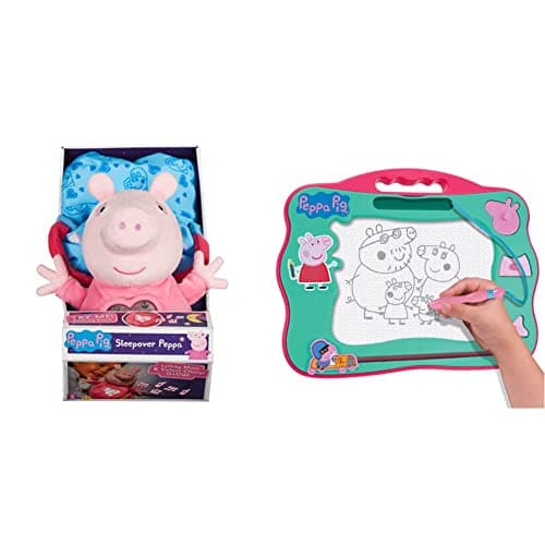 Image of SLEEPOVER PEPPA SOFT TOY BEDTIME LULLABY TOY WITH LIGHTS AND SOUNDS PRESCHOOL GIFT AGE 3, 4, 5 & Travel Magnetic Scribbler pad with pen and 3 stamps, draw and erase with no mess