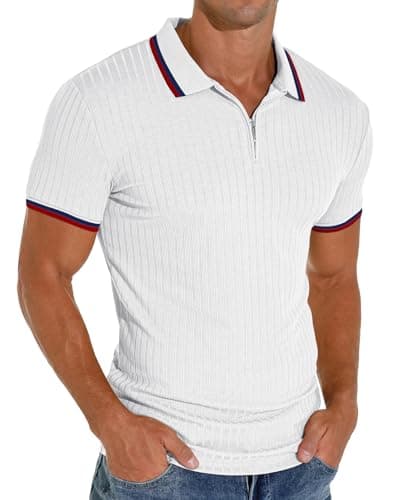 Image of PrinStory Men's Polo Shirts Zip Classic Stretch Slim Fit T Shirts Golf Work Skin-Friendly Cozy Spring Summer Tops (White ZS, L)
