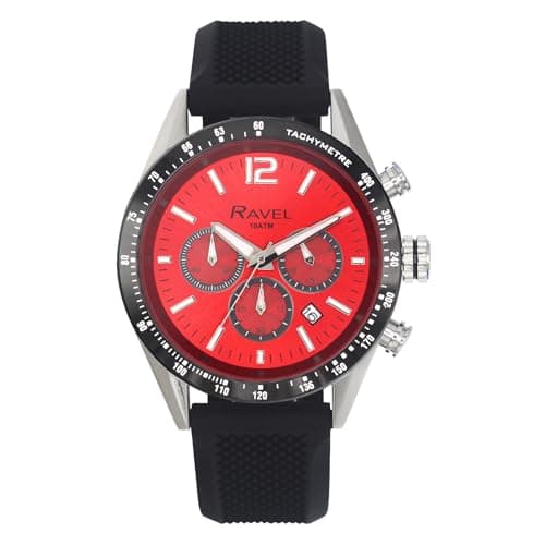 Image of Ravel Pro - Round Stainless Steel Chronograph Watch with Date - 100m Water Resistant - Analogue Quartz - RPR-002M - Black Silicone Strap/Red Dial