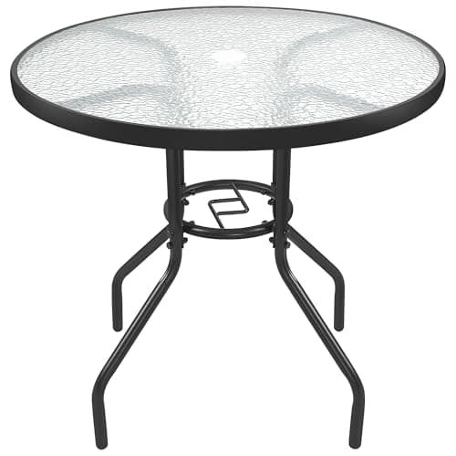 Image of Yaheetech Dining Table Tempered Glass Top Garden Table w/Parasol Hole, Outdoor Round Bistro Table Patio Coffee Table w/Metal Frame, Heavy Duty Garden Furniture Weather Resistant