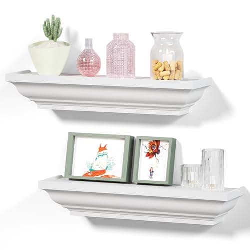 Image of Alsonerbay Floating Shelves for Wall, White Wall Shelves for Bedroom Set of 2, Wooden Rustic Shelf for Living Room Bathroom Office