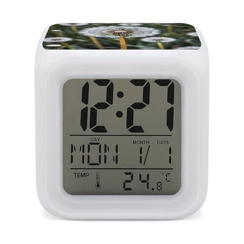 Image of FekiLoot Winter White Dandelion Alarm Clock Sound Machine with 7 Color Changing Night Light Wake Up Digital Clock Large LED Display Number Alarm Clocks Home Office Bedroom Decor
