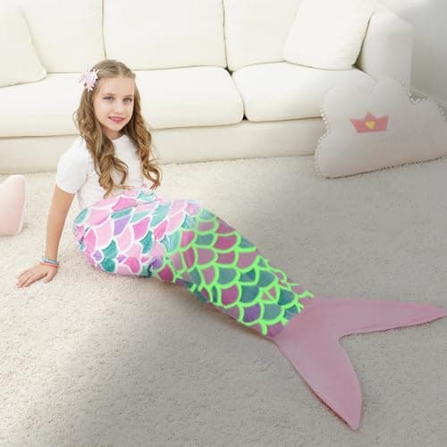 Image of WERNNSAI Mermaid Tail Blanket - Wearable Mermaid Glow in the Dark Blanket for Girls Toddler Soft Flannel Snuggle Throw Mermaid Sleeping Bag for Kids Birthday Gift (110x40cm)