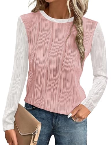 Image of Gemulate Womens Blouses Ladies T-Shirts Fall Winter Trendy Dressy Tops Long Sleeve Color Block Jumper Pink White L