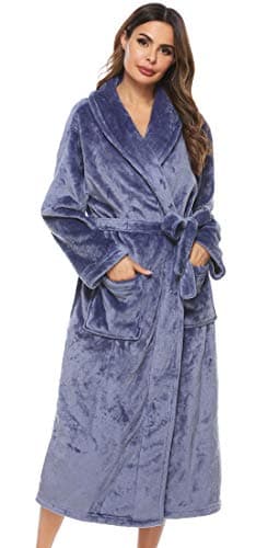 Image of Vlazom Women Dressing Gown, Flannel Soft Robe Cosy Bathrobes Fluffy Warm Housecoat for Cold Winter, Dark Blue, M(UK12-14)
