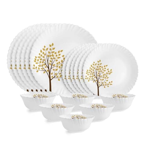 Image of Opalware Dinner Set, 18 Pieces, White with Tree of Life Design, Microwave & Dishwasher Safe, Scratch & Chip Resistant, for Family of 6