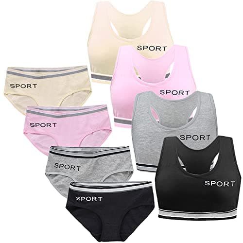 Image of Young Girls Sports Bras Sets Cotton Teen Training Crop Tops Underwear Vest Wireless Bralette with Removable Pads for 8-12 Years