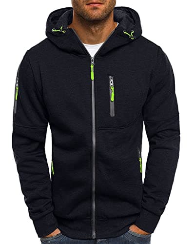 Image of VANVENE Mens Zipped Hoodie Fleece Pullover Hooded Sweatshirt Jackets With Zip Pockets Jumper Tops Sweater Black XL