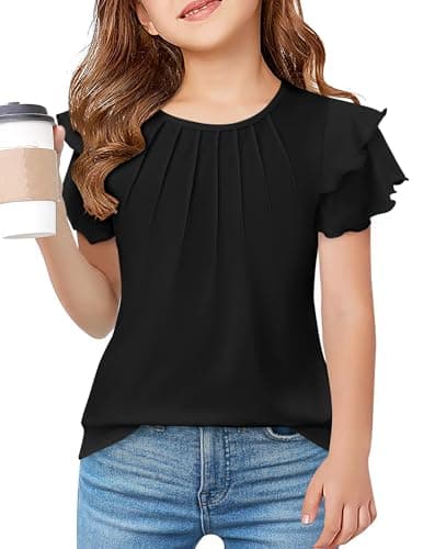 Image of Arshiner Girls T-Shirts Pleated Top Summer Wavy Sleeves Solid Colour Round Neck Short Sleeve Tops Shirts Casual Summer Tees Black 160 11-12 Years