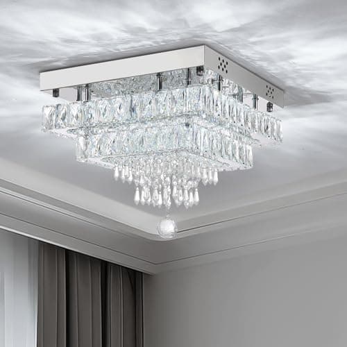 Image of Warmiehomy 35cm Crystal Chandeliers Ceiling Light, Modern Flush Crystal Ceiling Light with Clear K9 Crystals,40W,Cool White,Square LED Crystal Chandelier for Living Room Dining Room Bedroom Hallway