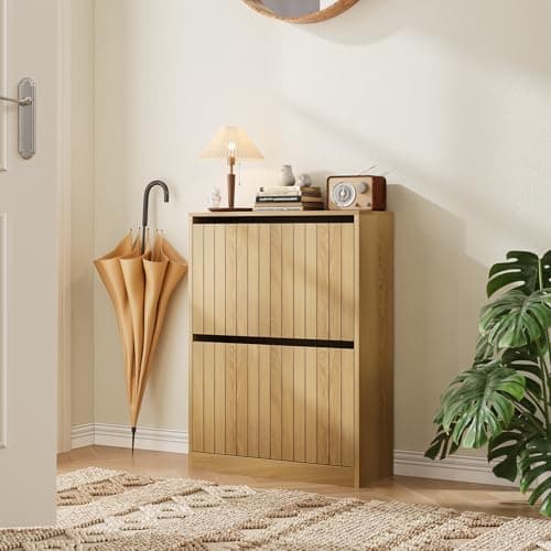 Image of Algherohein Shoe Storage Cabinet with Vertical Groove Doors 2 Flip Drawers, Narrow Shoe Cabinet Storage for Entryway, Freestanding Shoe Organizer Cabinet, Slim Shoe Rack Cabinet (Natural Oak Grain)