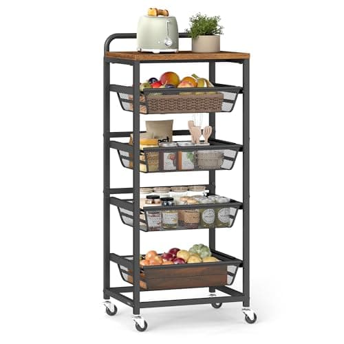 Image of VASAGLE 5-Tier Storage Trolley with Pull-Out Baskets, Kitchen Shelf with Wheels, Handle, 31.7 x 40 x 95 cm, Rustic Brown and Ink Black LRC041K01